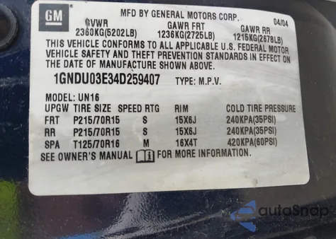 2004 Chevrolet Venture Plus from USA, damaged, VIN 1GNDU03E34D259407